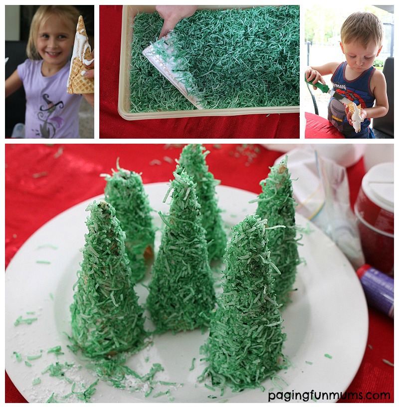 Making Christmas trees using waffle cones! Yummy, fun and EASY Christmas activity!