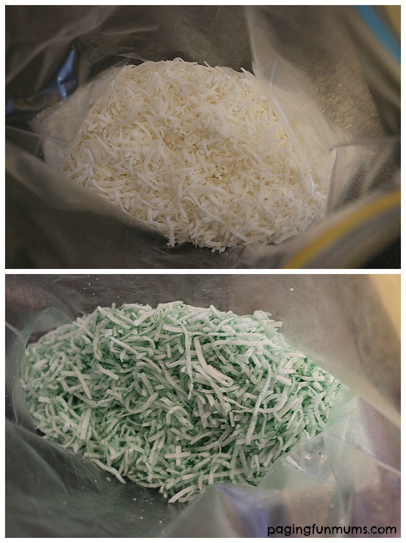 Using food colour to dye shredded coconut! Easy way to make edible grass!