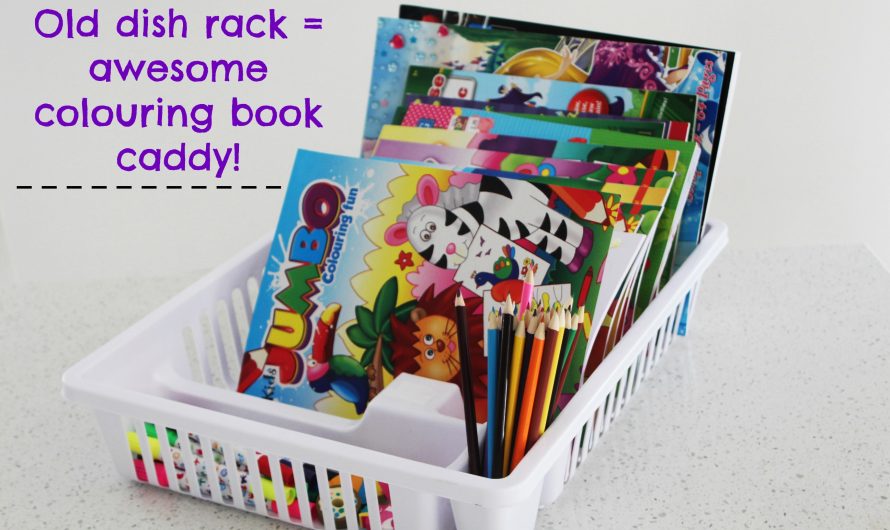 Turn an old dish rack into the best colouring book caddy ever!