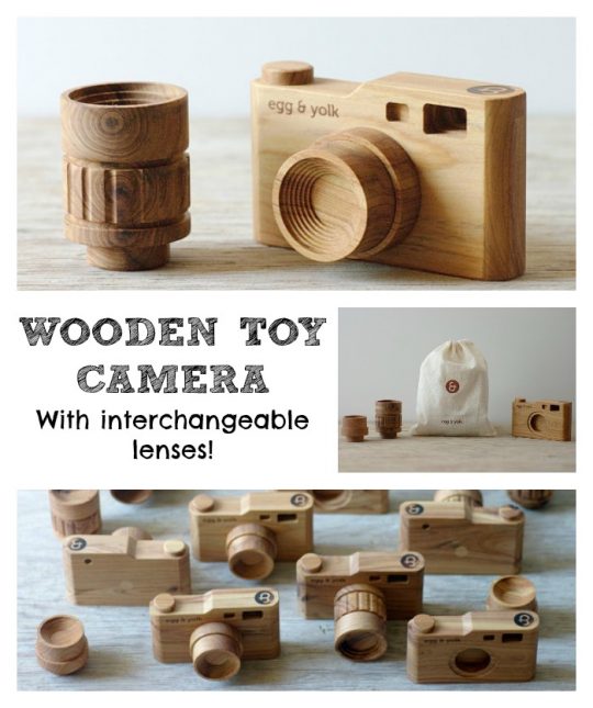 Beautiful wooden toy camera with interchangeable lenses! Too cute not to share!