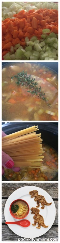 Slow Cooked Chicken Noodle Soup - with Dino croutons! Perfect for the whole family
